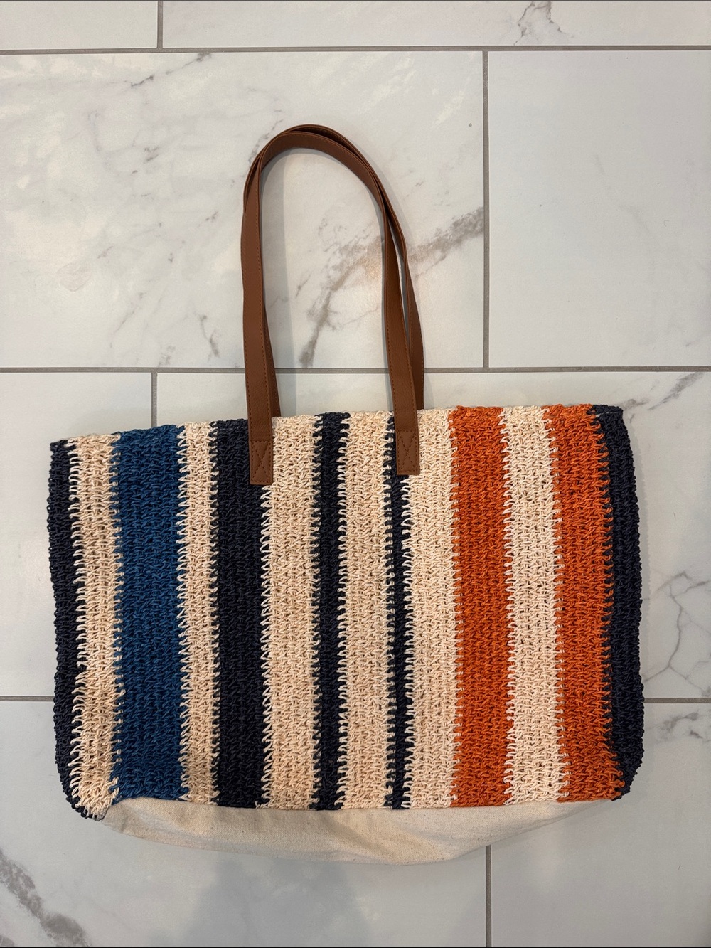 Striped Crochet Tote Bag with Brown Handles